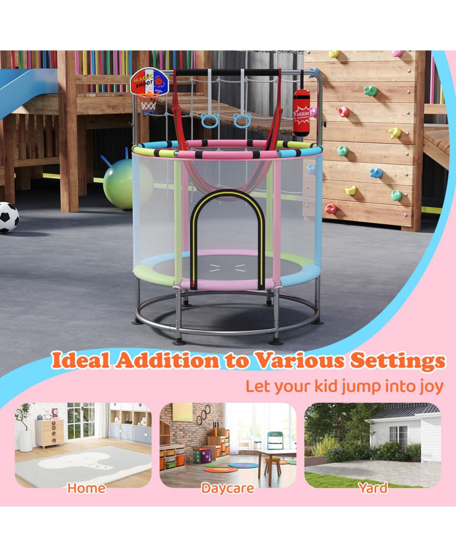 Kids Ages 3-6 6-in-1 Trampoline with Safety Net
