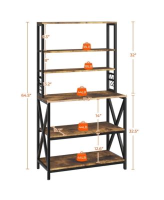 64.5"H 6-Tier Metal & Particleboard Wine Rack, 10 Hooks, Power Outlets, Adjustable Feet Rustic Baker s Rack