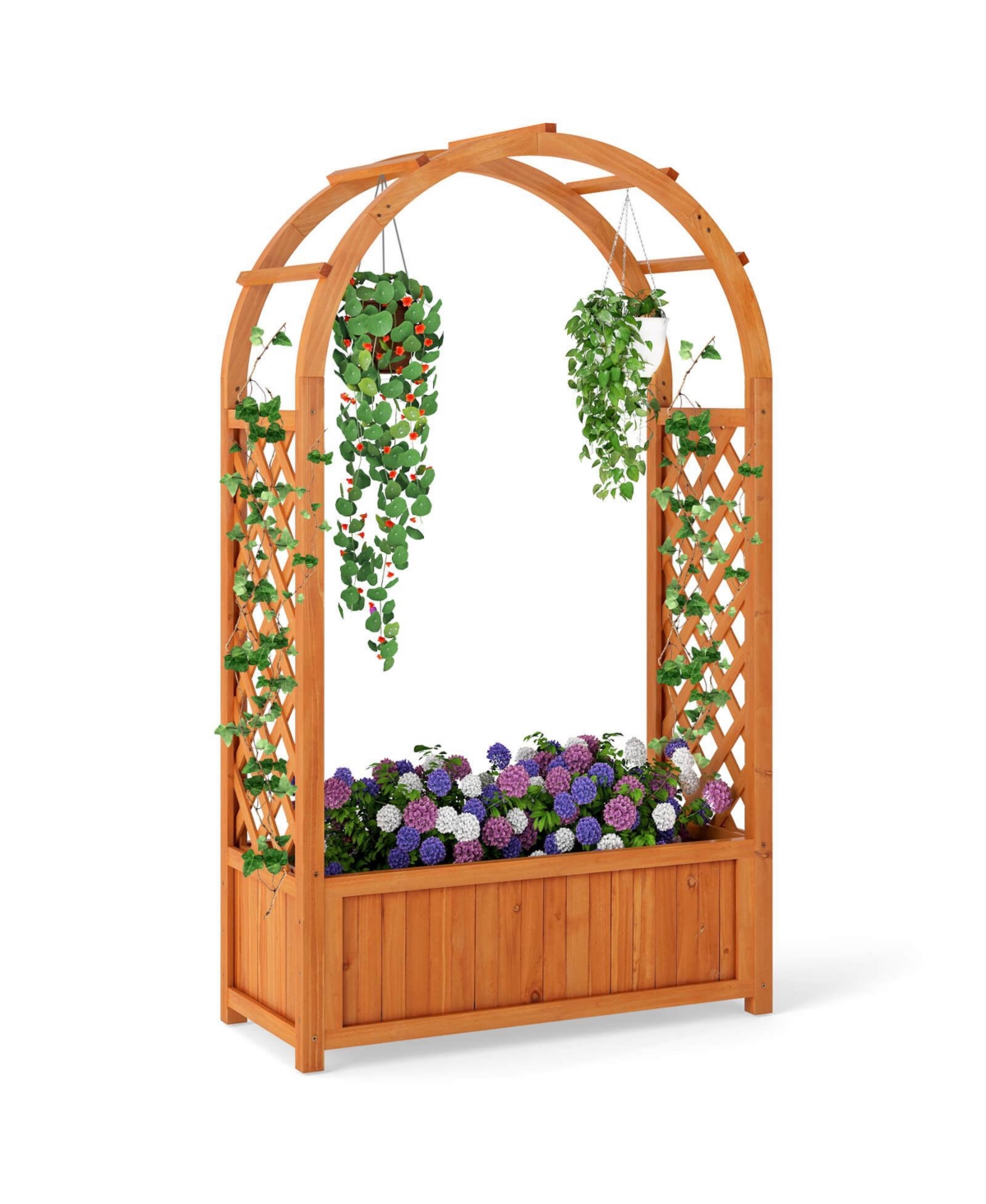 Costway Raised Garden Bed Wooden Elevated Planter Box with Lattice Trellis & Ached Roof