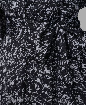 Women's Printed Satin Ruffle V-Neck Dress