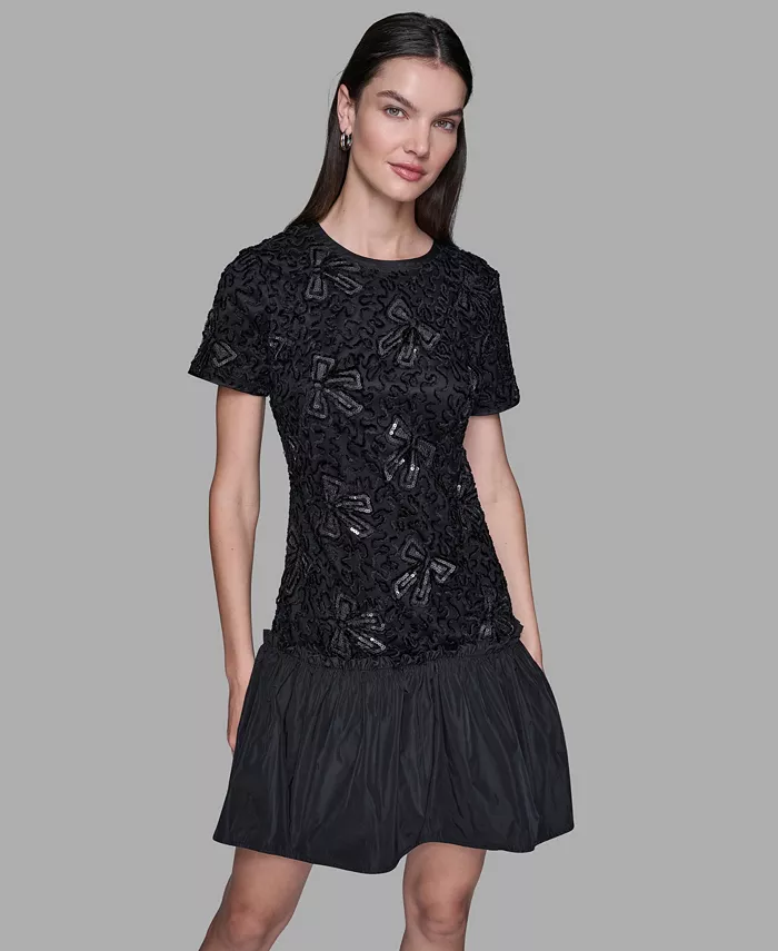 Women's Sequin Bow Applique Drop-Waist Dress - thumbnail 3