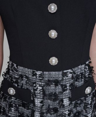 Women's Contrast Tweed and Knit Button Front A Line Dress