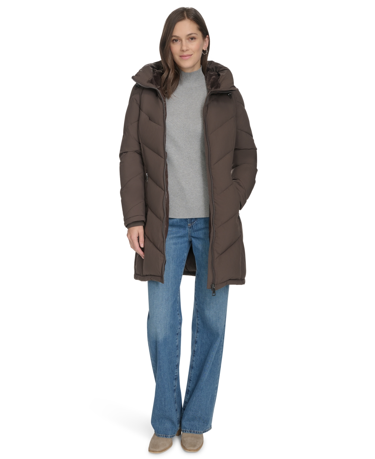 Calvin Klein Women's Lined Hooded Puffer Coat In Brown