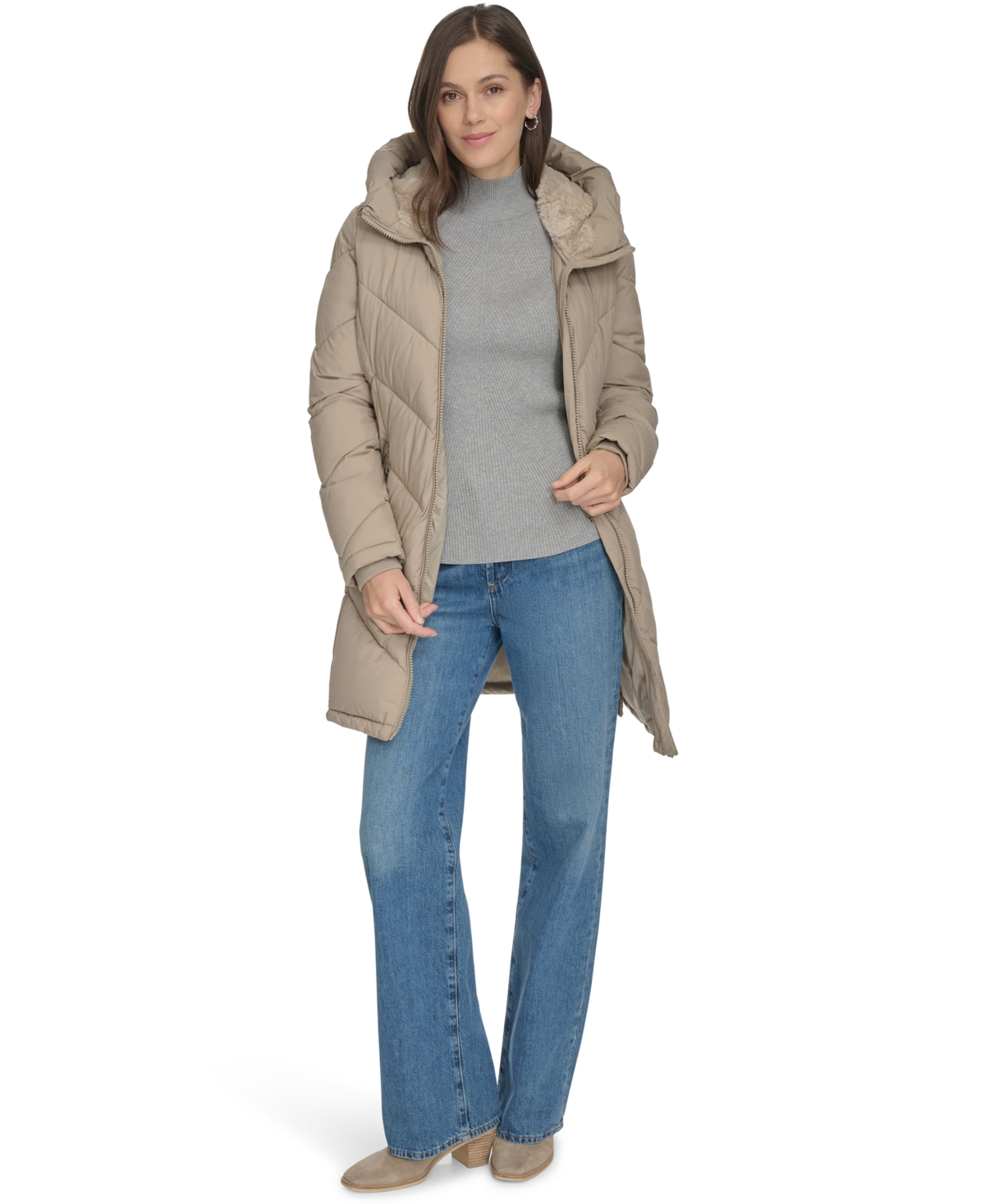 Calvin Klein Women's Lined Hooded Puffer Coat In Neutral