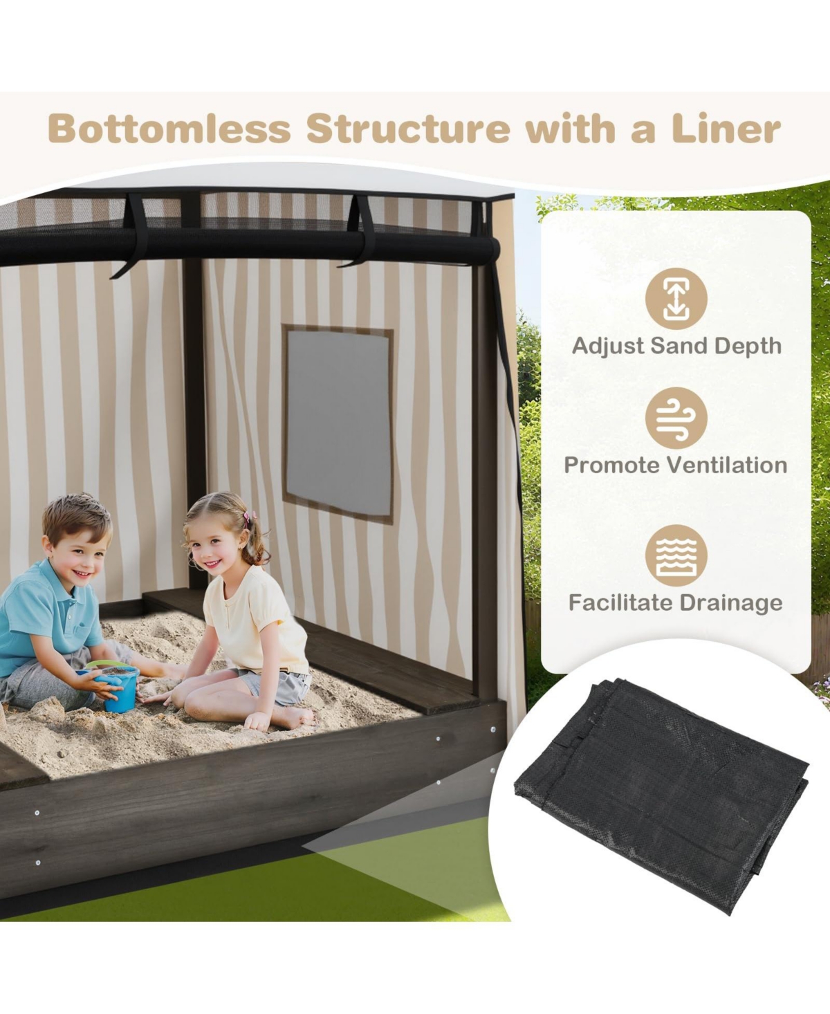 Mecale Wooden Sandbox With Canopy For Children 3+ Years Old