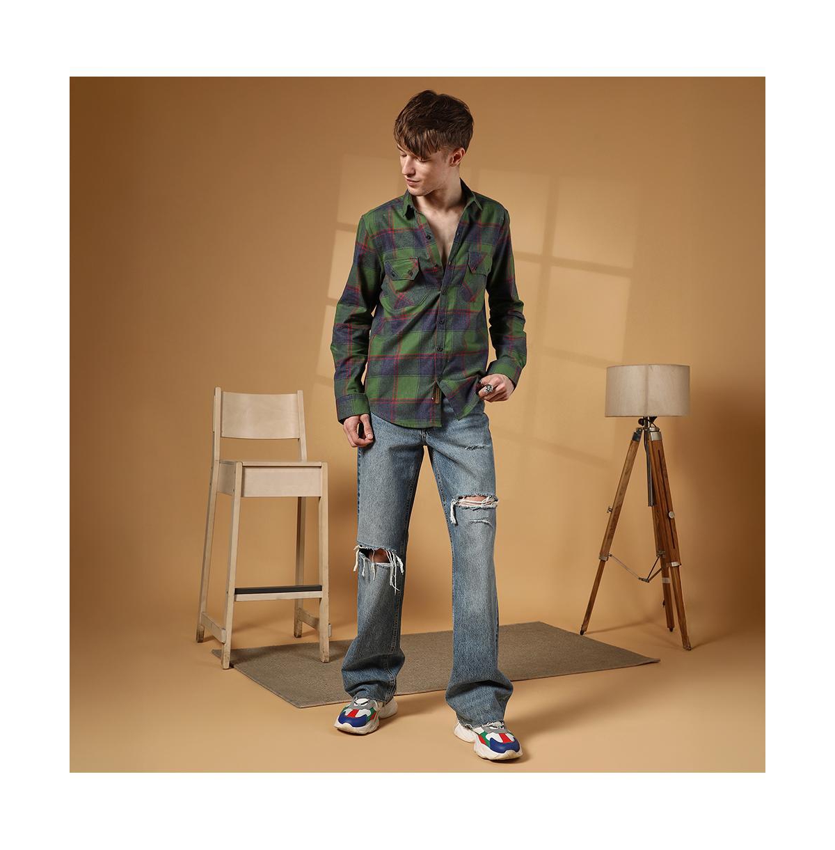 Campus Sutra Men's Forest Green & Indigo Blue Buffalo Check Utility Shirt