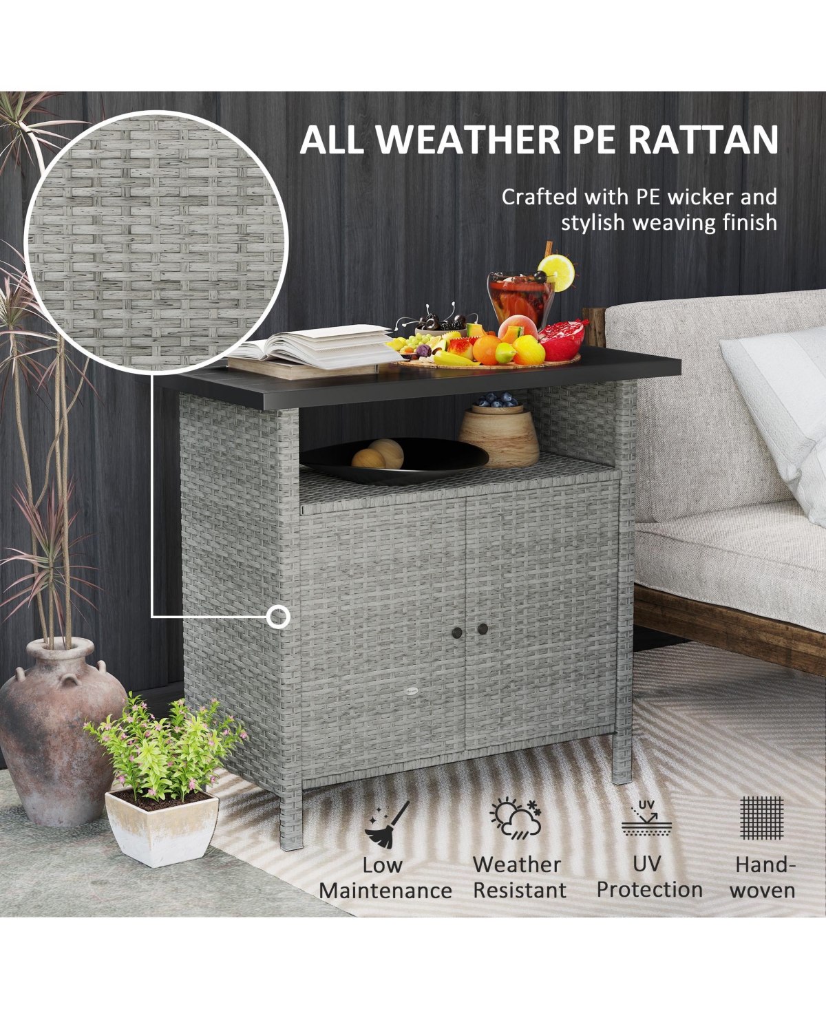 Outsunny Wicker Storage Cabinet, Outdoor Buffet Dark