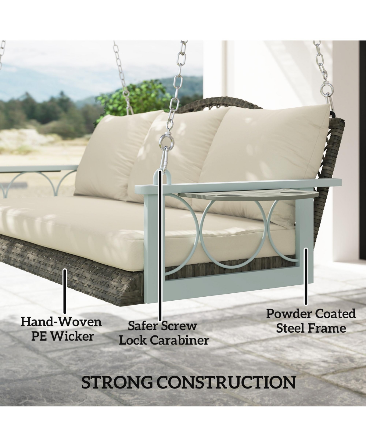 Outsunny Wicker Porch Swing, Hanging Swing Bench with Cup Holder, Natural