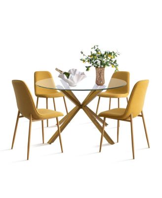 5-Piece Oak Finish Modern Round Glass Dining Set