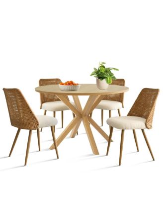 5-Piece Round Glass Dining Set, Modern Kitchen Table with Oak Finish Metal Legs and 4 Upholstered Chairs for Small Spaces