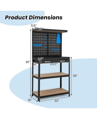 Tool Storage Workbench with Pegboard with 14 Hanging Accessories for Garage-Black and Blue