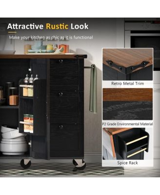 Kitchen Island with Power Outlet & Drop Leaf, 47.2" Farmhouse Rolling Cart with Spice Rack & Storage Drawers-Maison Boucle