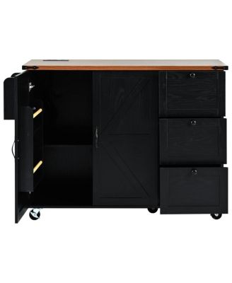 Kitchen Island with Power Outlet & Drop Leaf, 47.2" Farmhouse Rolling Cart with Spice Rack & Storage Drawers-Maison Boucle