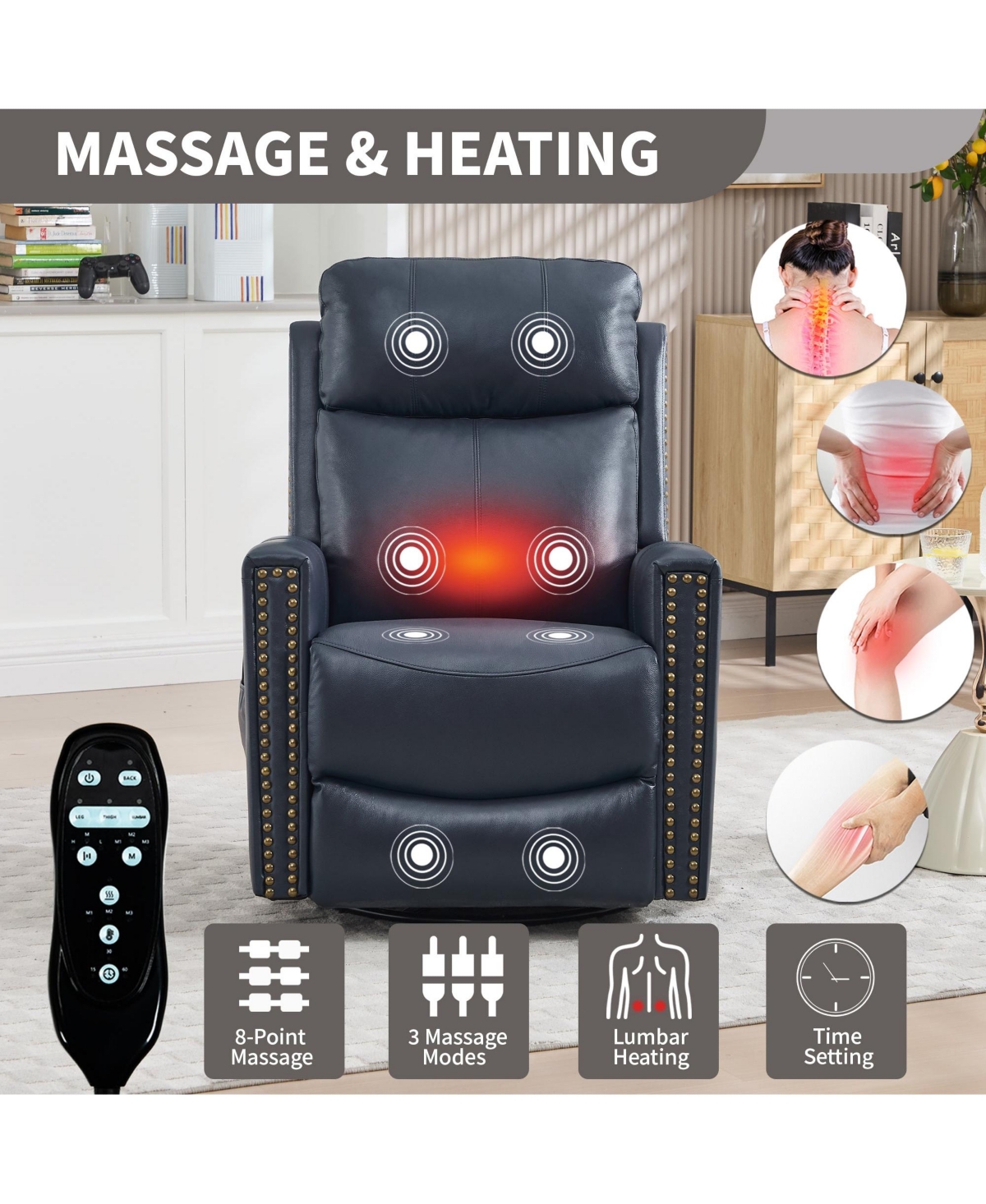 Genuine Leather Heat Massage Manual Recliner Chair with Rocker and Swivel for Living Room