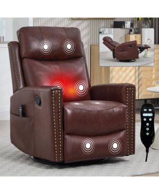 Genuine Leather Heat Massage Manual Recliner Chair with Rocker and Swivel for Living Room