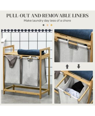 Double Laundry Hamper with 2 Removable Bags, and Natural Wood