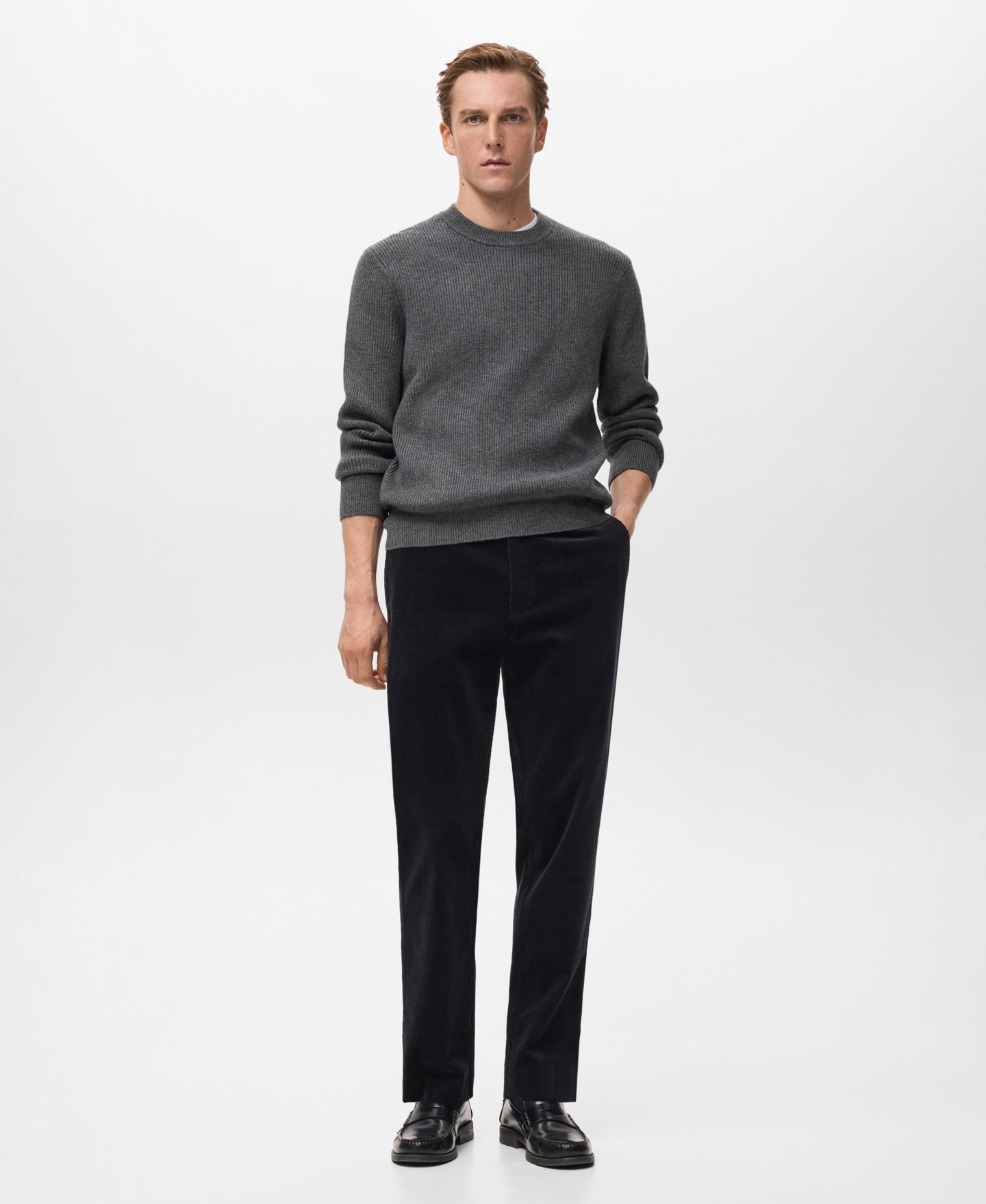 Мужской свитер MANGO Ribbed Wool-Blend, цвет: Тёмный меланжевый серый — фото 2