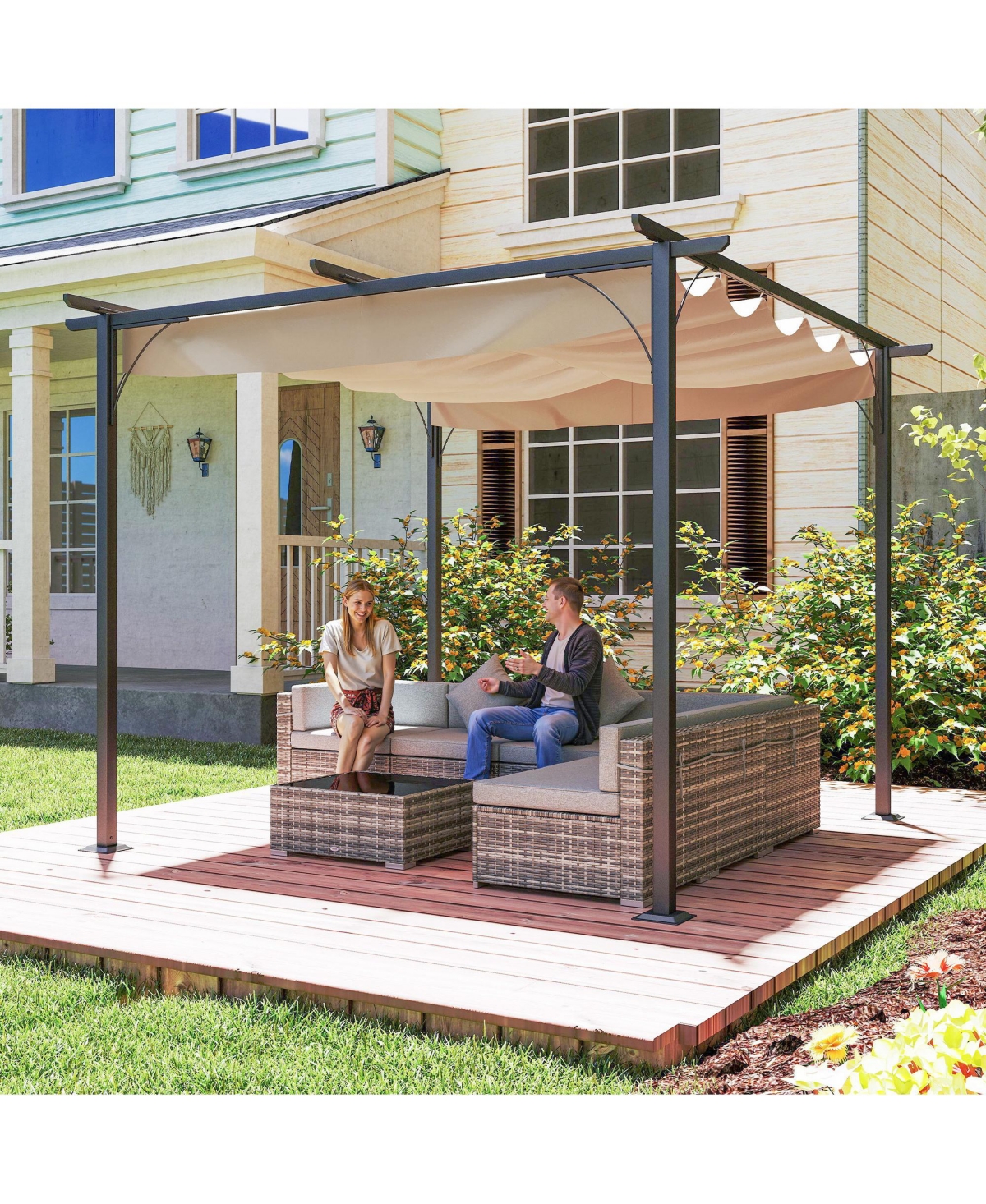 Outsunny 10 x 10 Retractable Patio Gazebo Pergola with Uv Resistant Outdoor Canopy & Strong Steel Frame