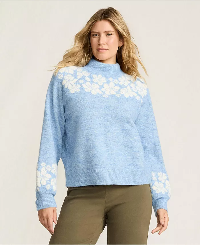 Women's Fuzzy Turtleneck Lantern Sleeve Jacquard Sweater - thumbnail 4