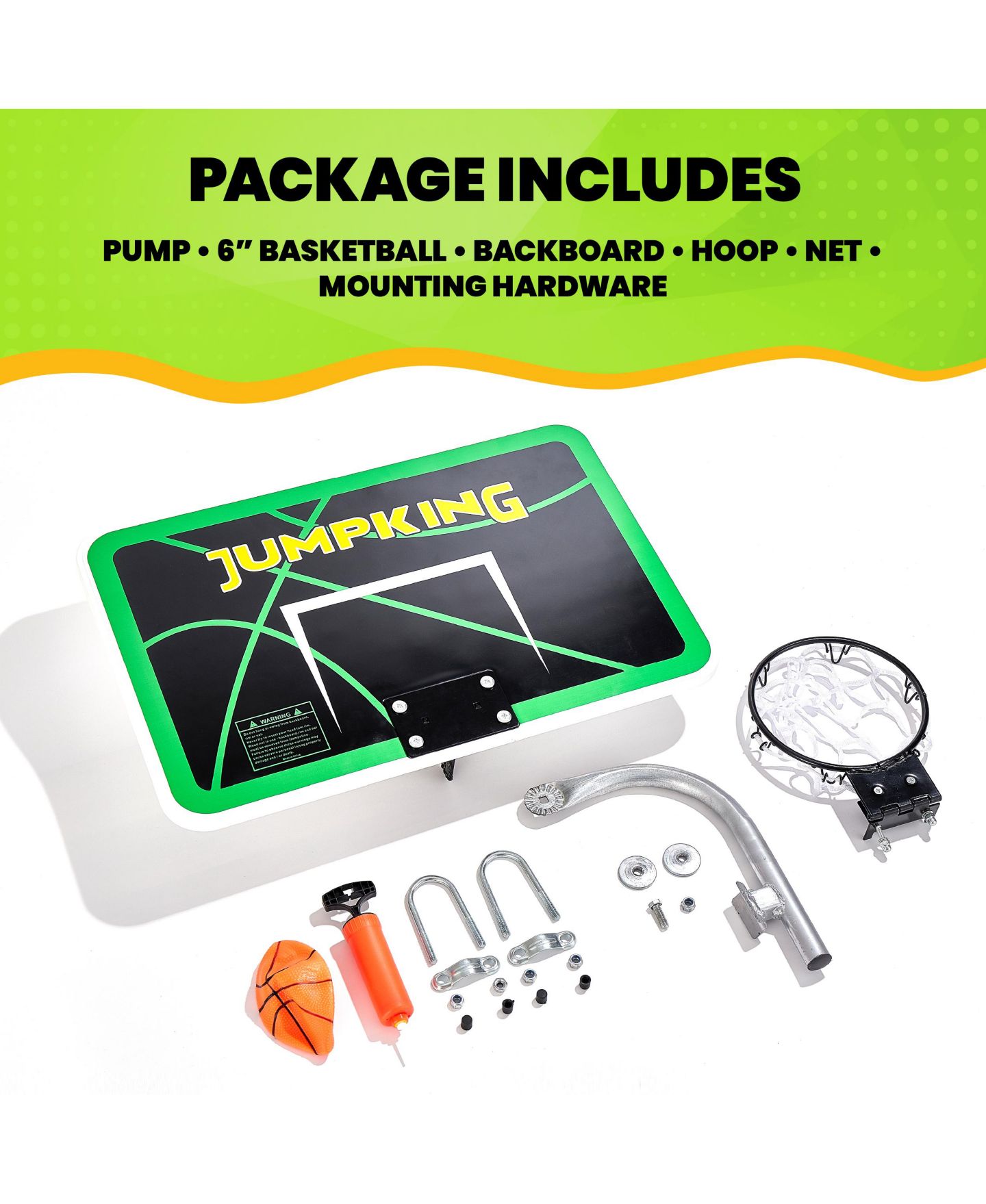 Детские игрушки JumpKing Trampoline Basketball Hoop Set, 7.5" Breakaway Metal Ring, Fits Most Trampolines, Ages 6+, цвет: Чёрный / Зелёный — фото 4