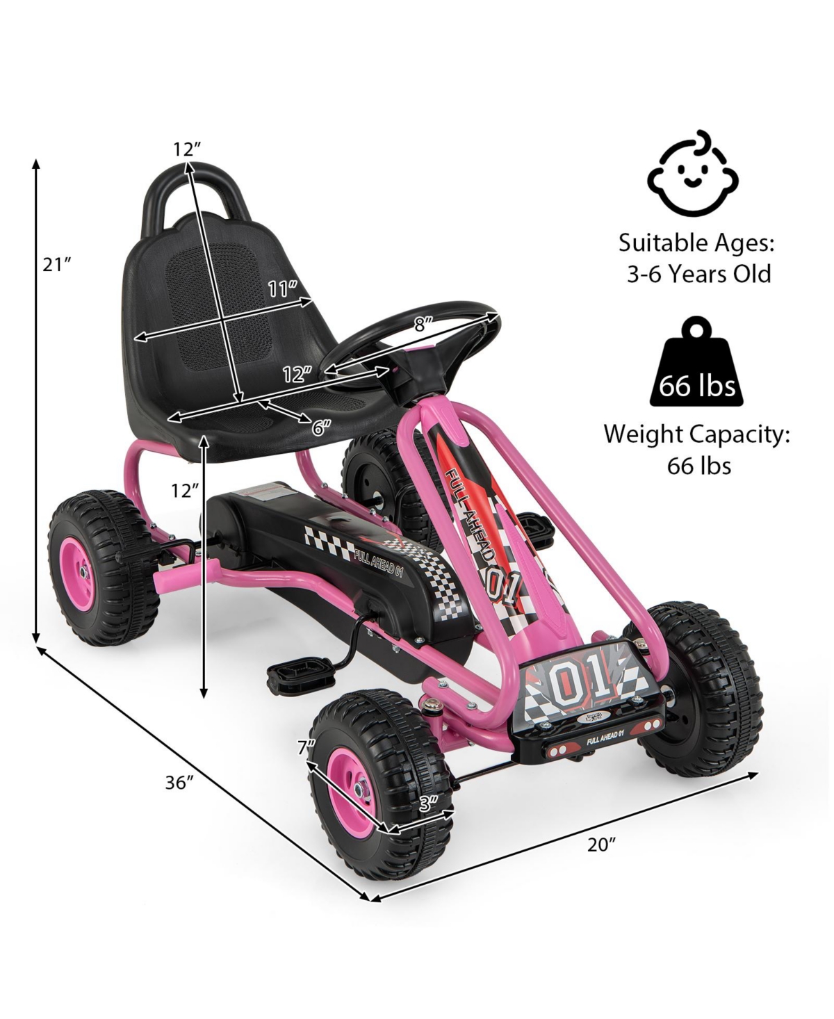 Sugift 4 Wheel Pedal Powered Ride On Car with Adjustable Seat