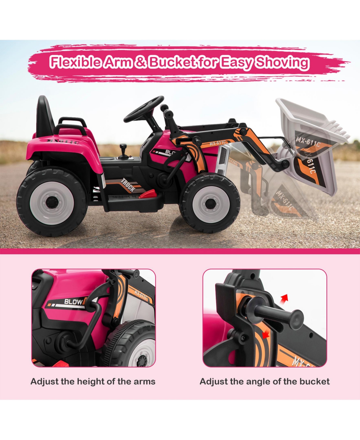 Sugift 12V Battery Powered Kids Ride on Excavator with Adjustable Arm and Bucket-Pink