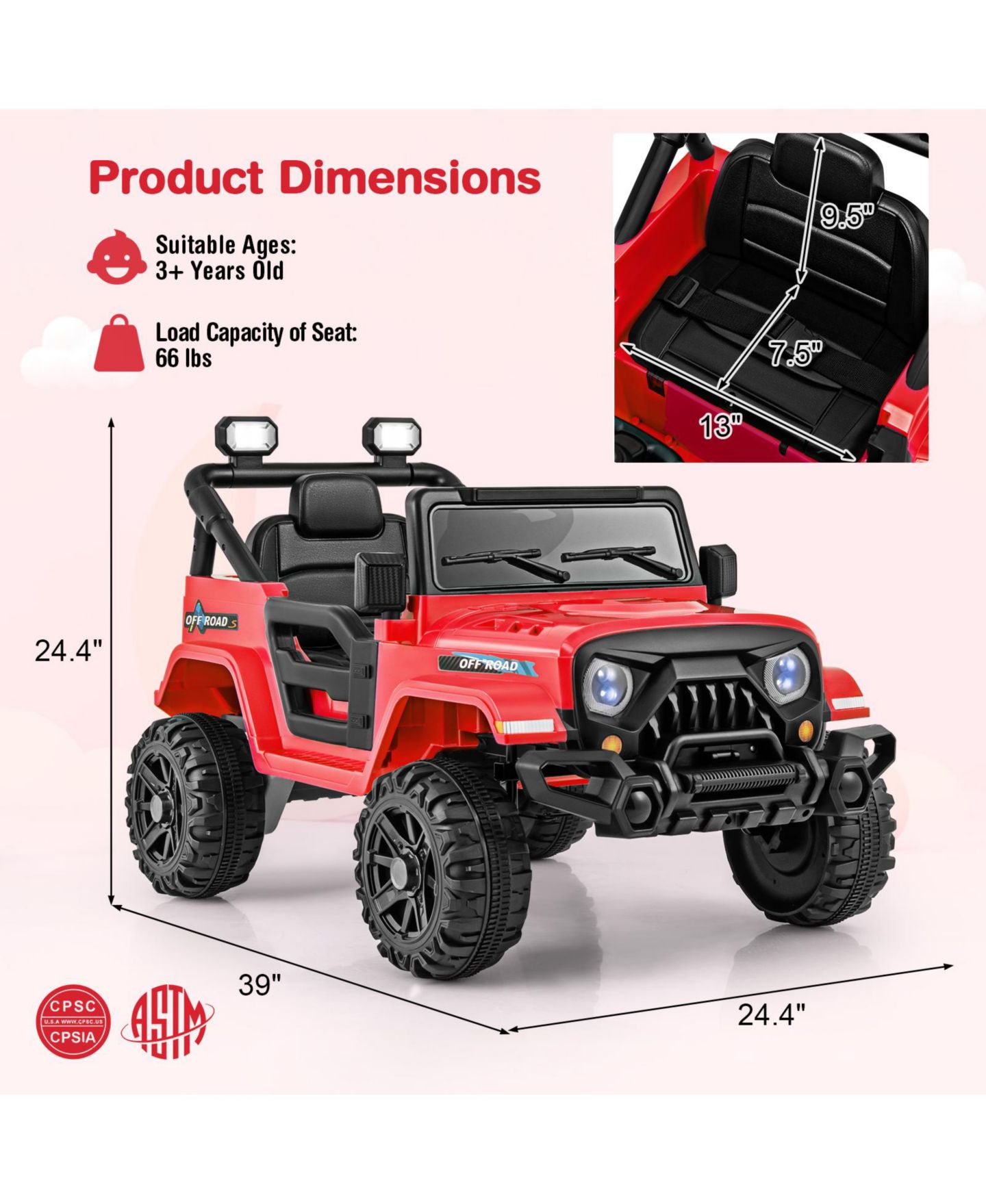 Детская игрушка SUGIFT 12V Kids Ride-On Truck with Remote Control and Threaded Off-Road Wheels, 39"L x 24.4"W x 24.4"H, Ages 3-8, цвет: Красный — фото 4