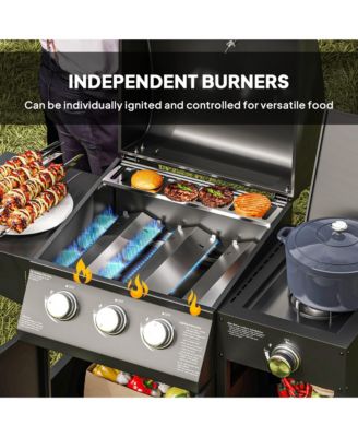 3 Burner Gas Grill with Side Burner and Shelves, Propane BBQ Grill