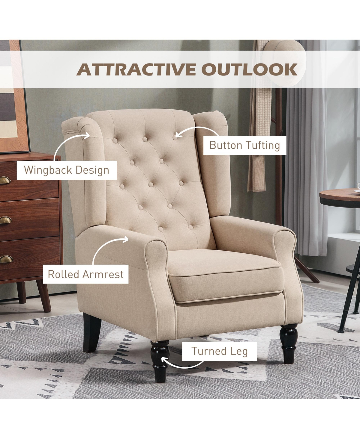 Homcom Accent Chair Button-Tufted Armchair with Wingback Round Arms