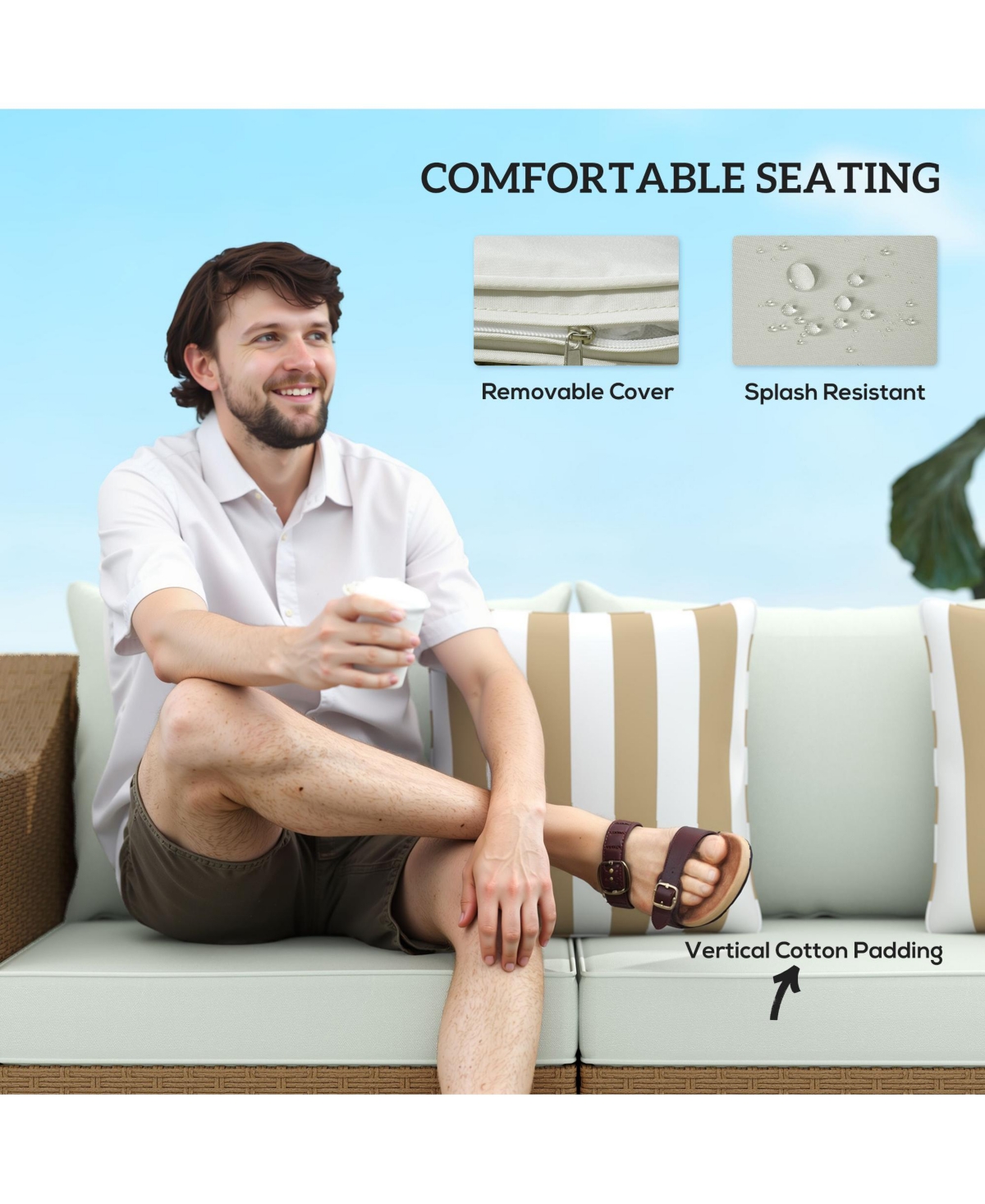 Outsunny 3 Seater Patio Sofa, Wicker Couch with Cushions, Pillows,