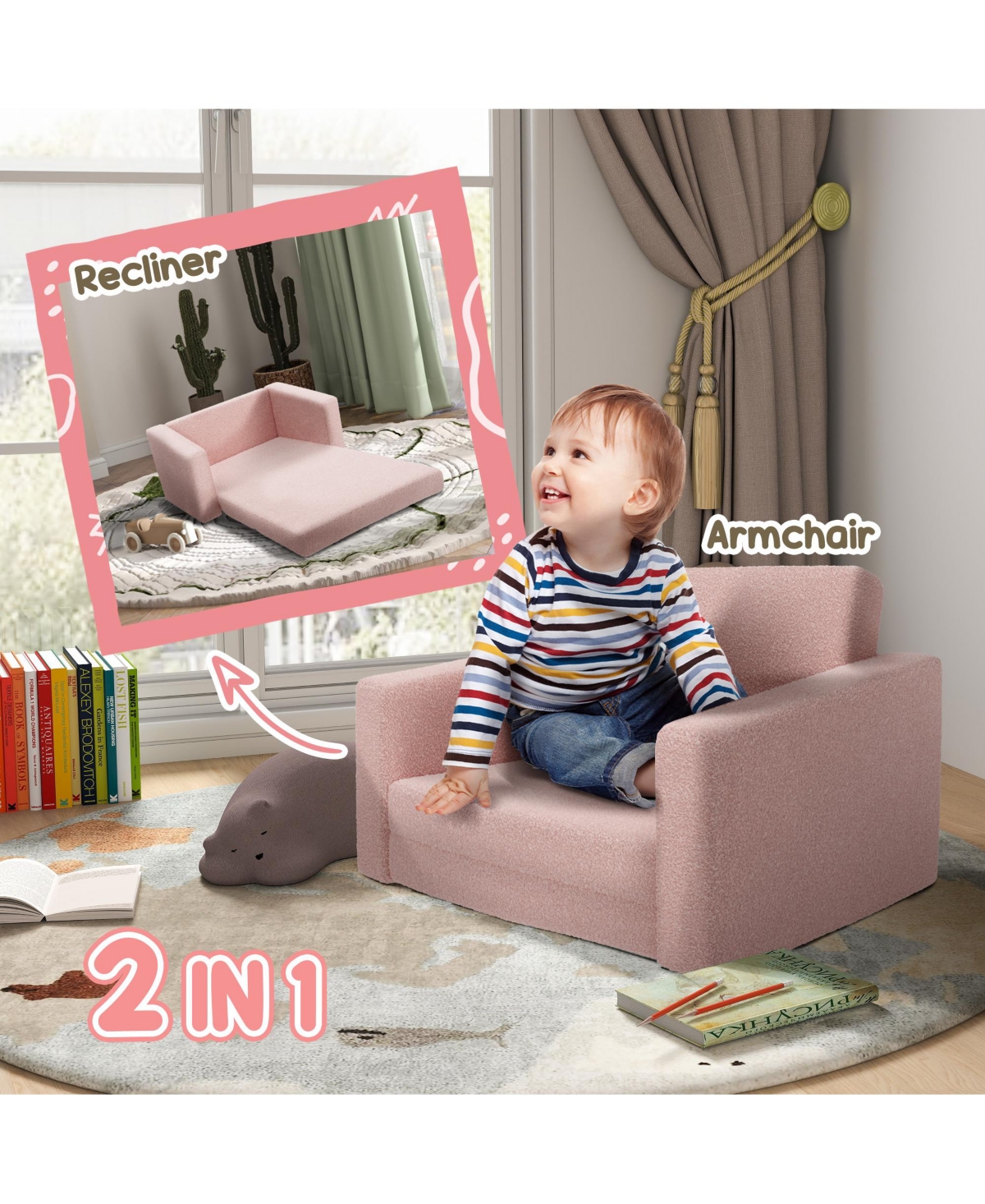 Qaba 2in1 Kids Sofa Convertible Kids Chair Lounger w/ Washable Cover,