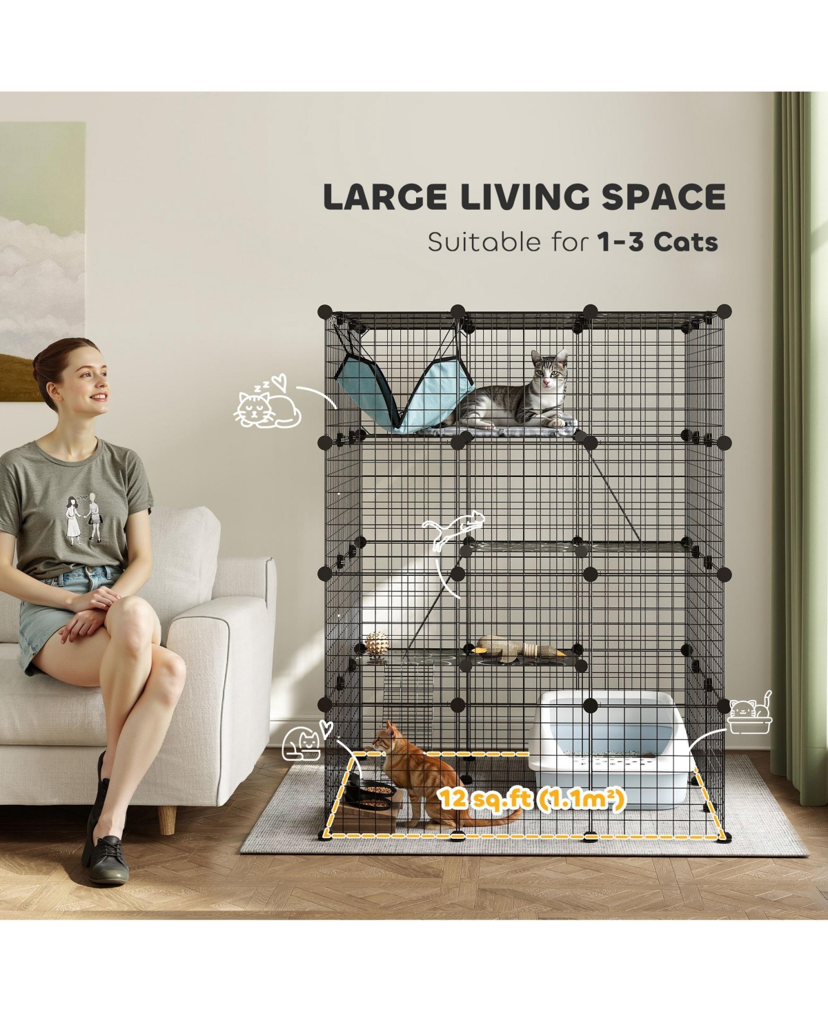 PawHut Diy Cat Cage Indoor with Hammock, for 1-3 Cats, 3 x 3 x 4,