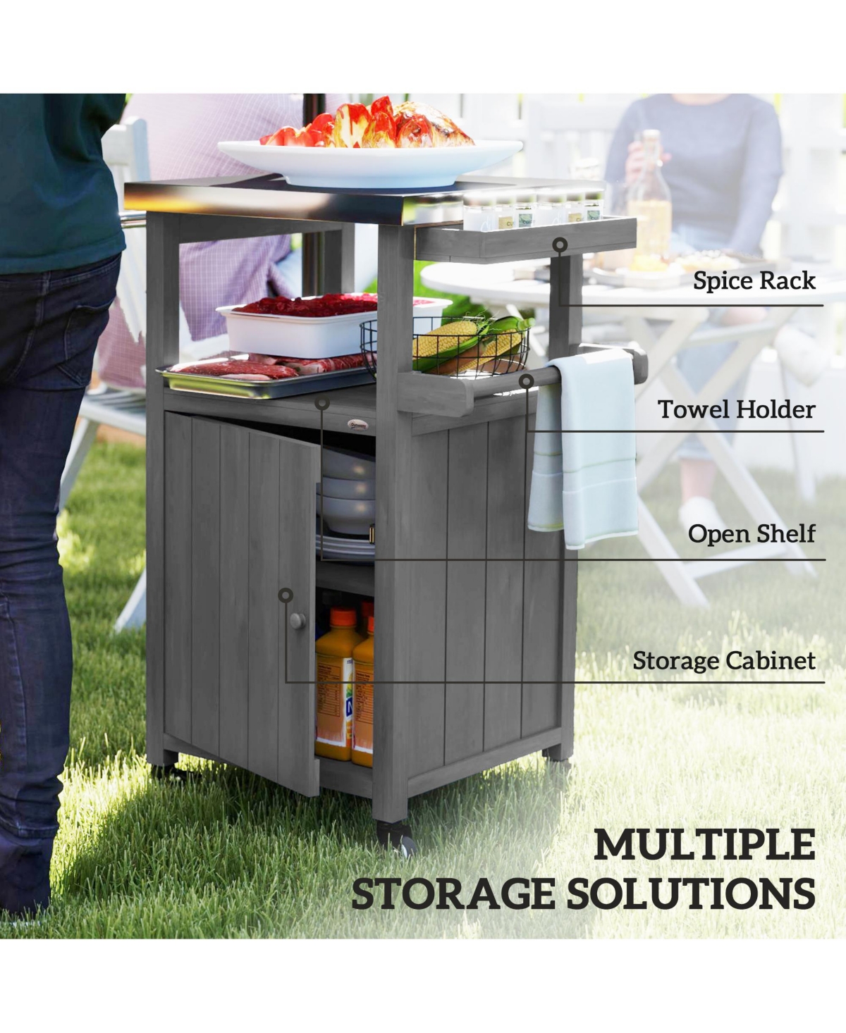 Outsunny Grill Cart, Kitchen Island with Stainless Steel Top, Dark