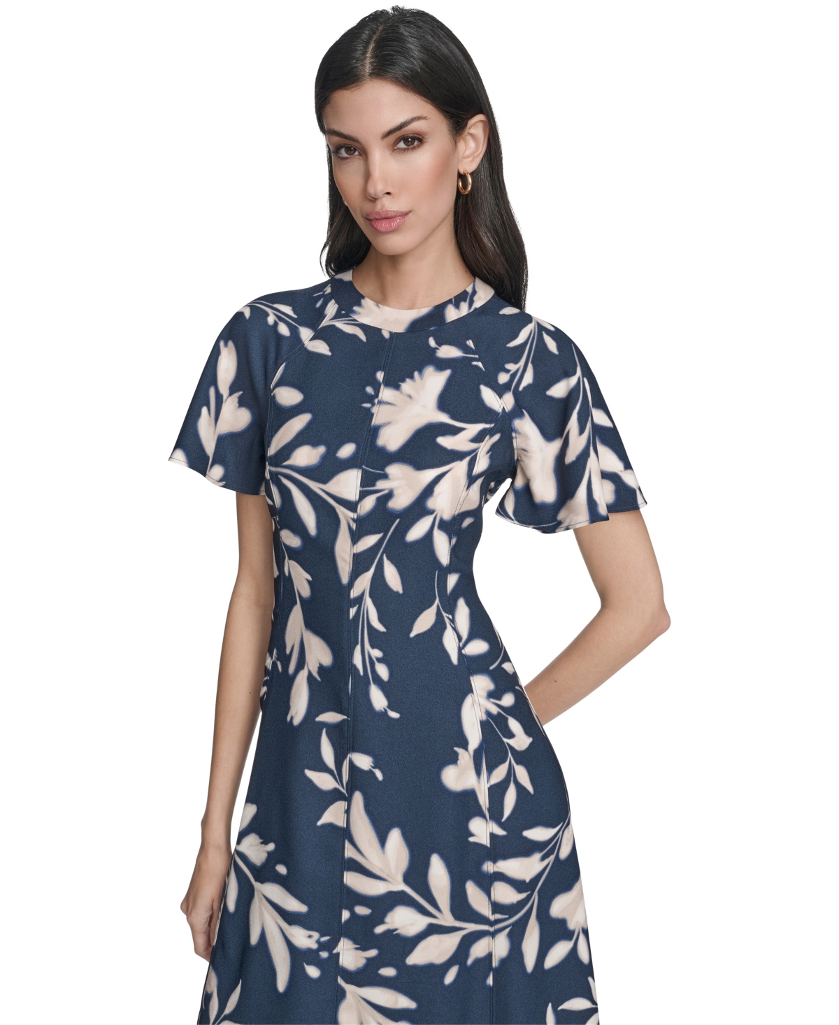 Calvin Klein Women's Printed Flutter Sleeve Crewneck Midi Dress