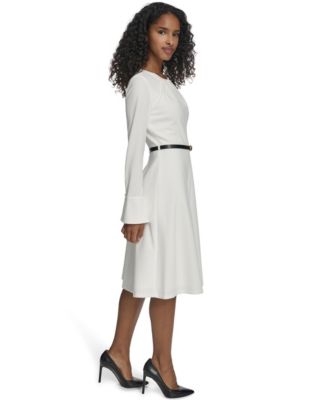 Women's Belted Bell Sleeve Crew Neck Dress