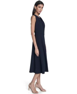 Women's Pleat Detail Crew Neck Midi Dress