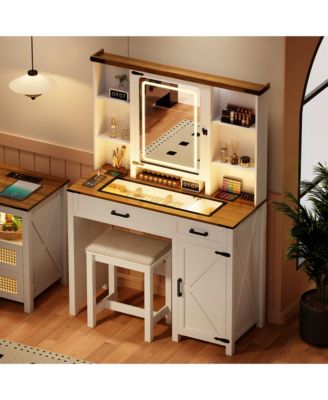 40" Farmhouse Makeup Vanity with LED Mirror & Charging Station