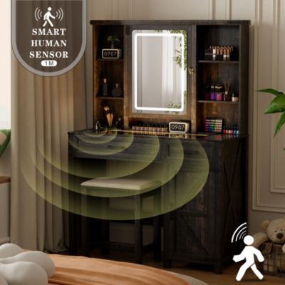 40" Farmhouse Makeup Vanity with LED Mirror & Charging Station