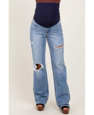 Maternity Light Blue Distressed Open Knee Straight Leg Jeans