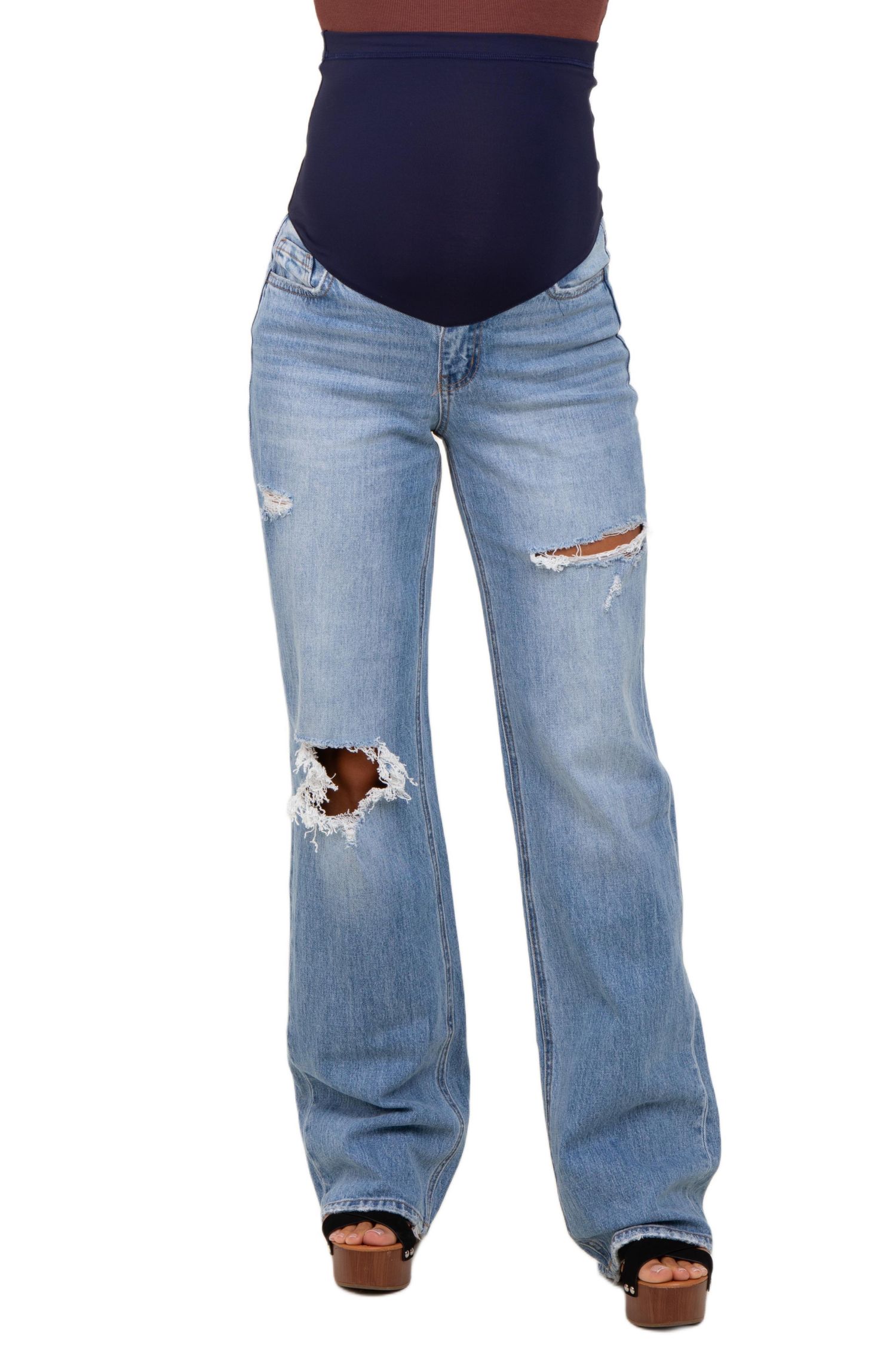 Women's Light Blue Distressed Open Knee Straight Leg Jeans