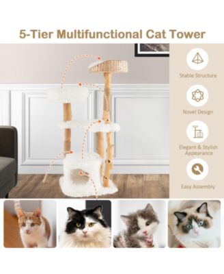 Solid Wood Cat Tower with Top Cattail Basket Cat Bed for Indoor Cats
