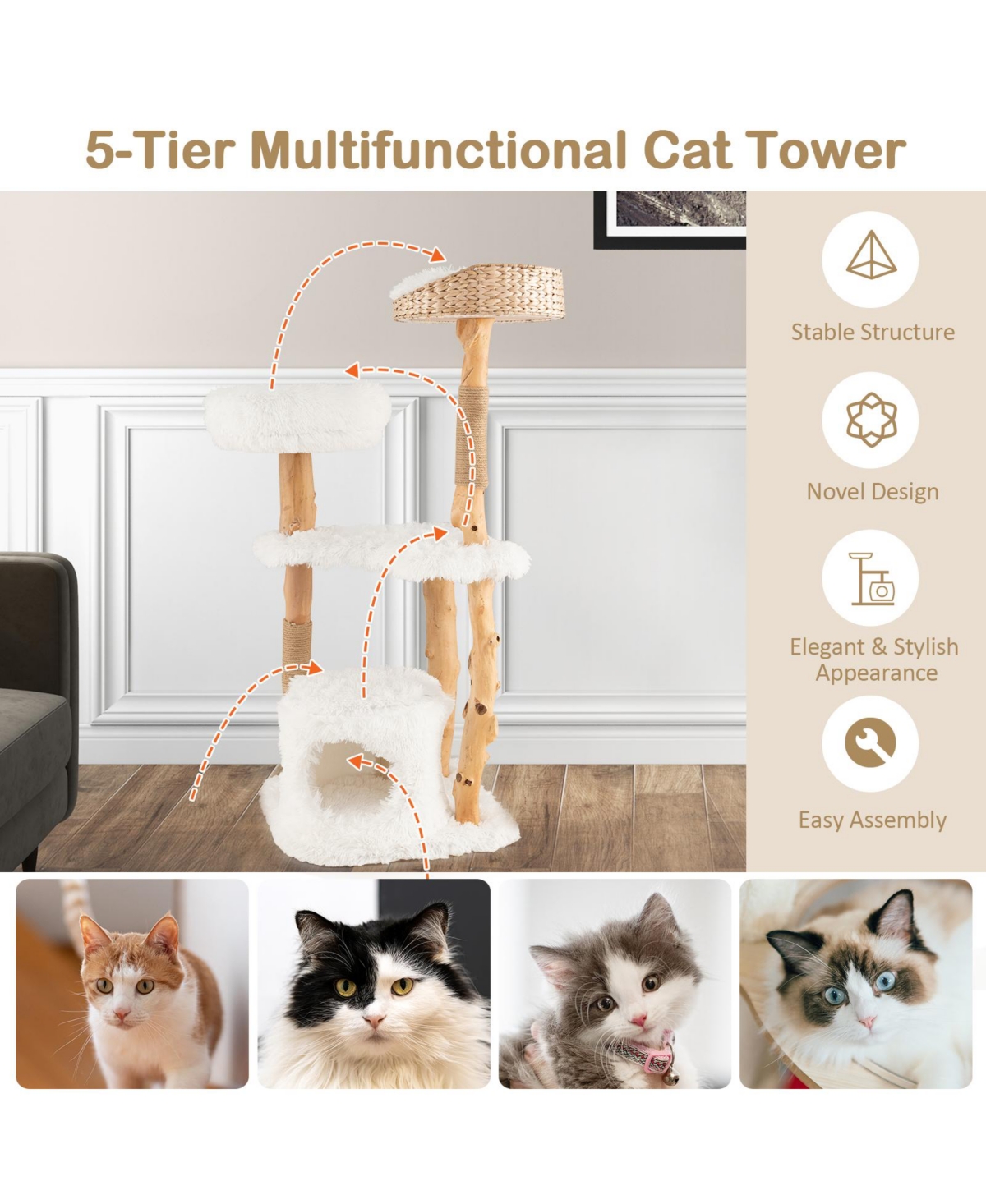 Skonyon Solid Wood Cat Tower with Top Cattail Basket Cat Bed for Indoor Cats