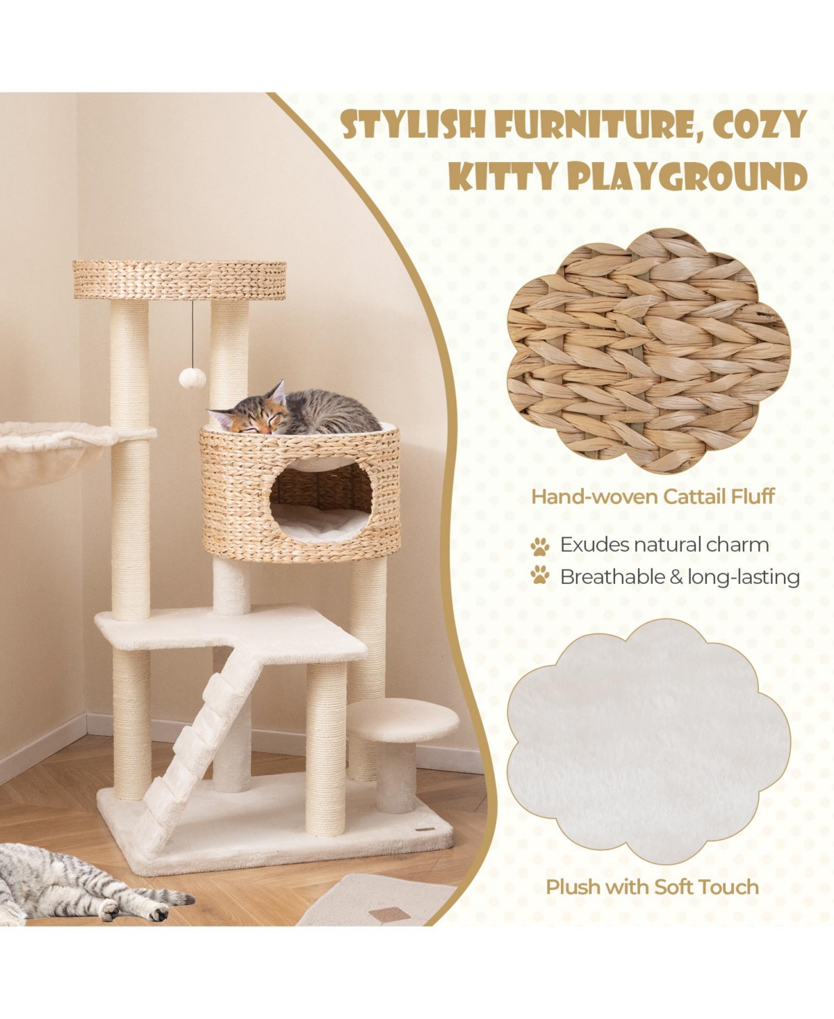 Skonyon Modern Cat Tree for Indoor Cats with Cattail Fluff Condo and Top Perch