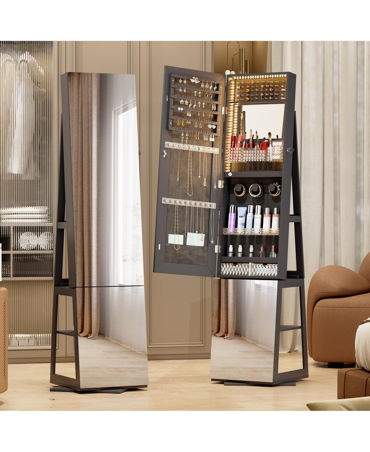 Vlsrka 3-in-1 Jewelry Armoire With Full-length Mirror And Storage Shelves