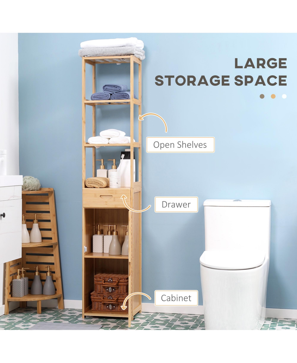 Kleankin Tall Bathroom Cabinet with Drawer and Slatted Shelves, Tall Slim Bamboo Linen Tower Freestanding Linen Towel with Louvered Door, Natural