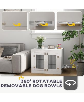 Dog Crate Furniture with 360° Rotatable Removable Dog Bowls,