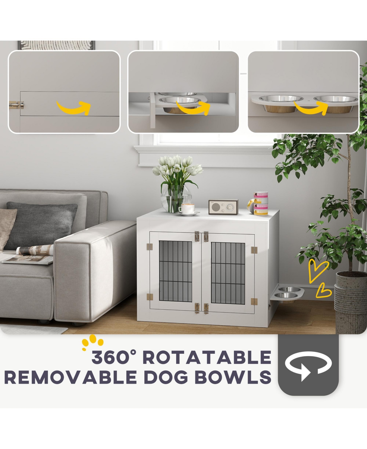 PawHut Dog Crate Furniture with 360° Rotatable Removable Dog Bowls,
