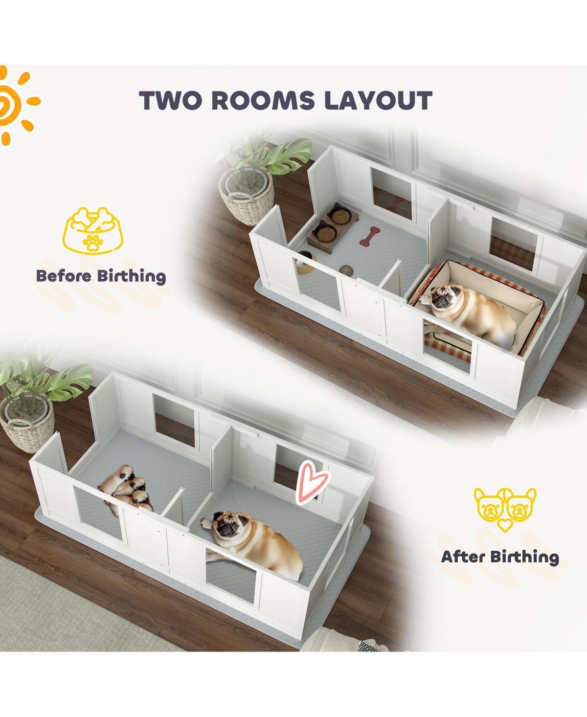 PawHut Whelping Box for Dogs with Waterproof Whelping Pad, Double Room