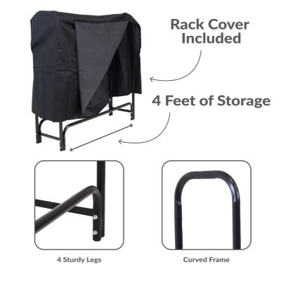 Outdoor Heavy-Duty Steel Firewood Log Rack Holder and Weather-Resistant Polyester Log Rack Cover - Black