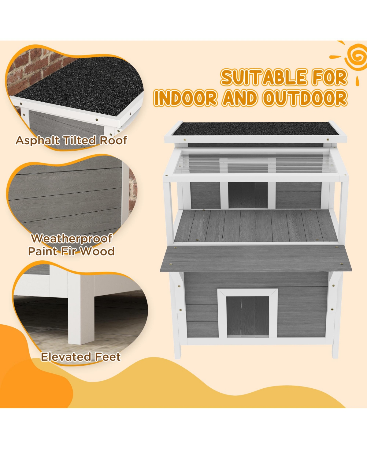 PawHut Outdoor Cat House w/ Balcony, Openable Top, Escape Door, Light